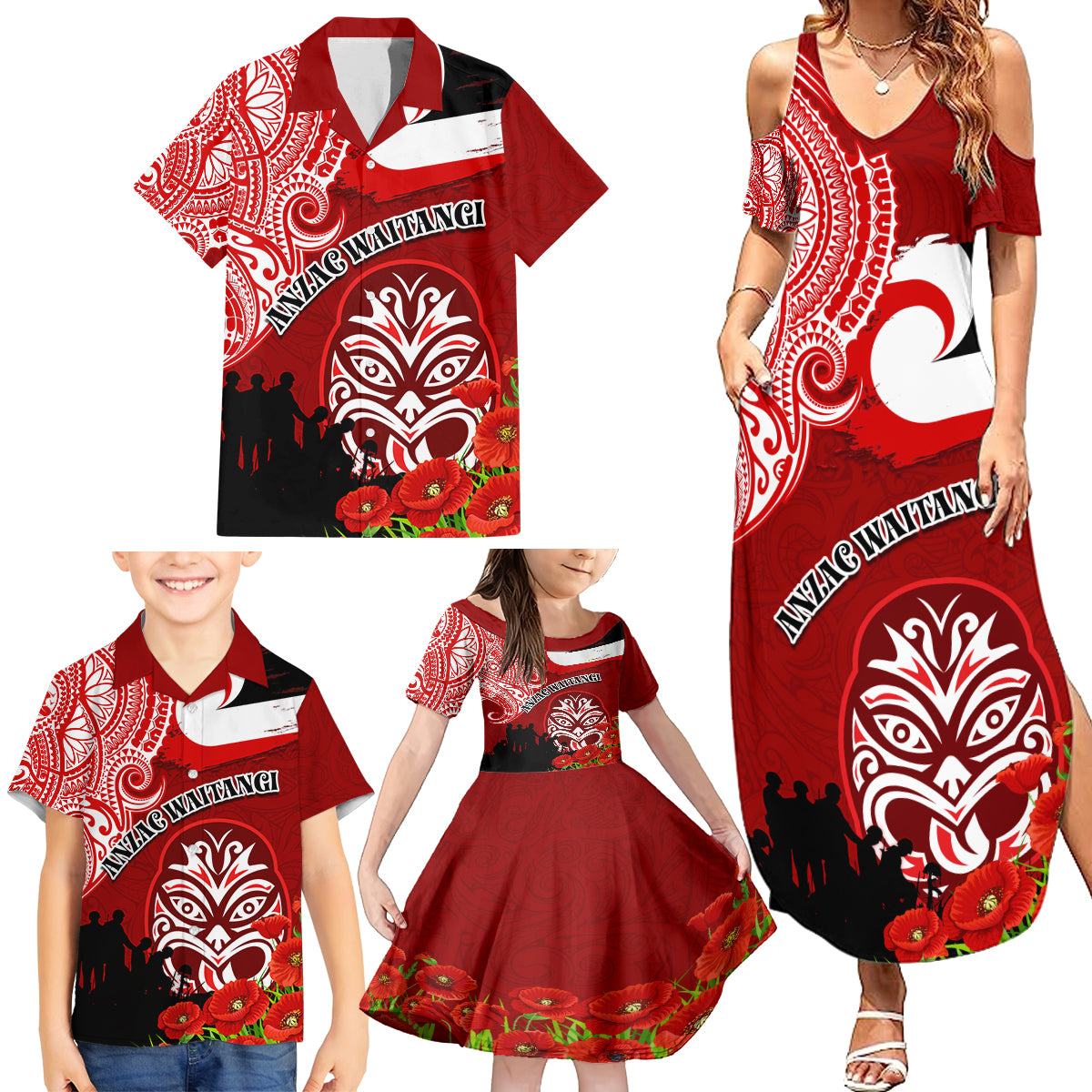 New Zealand ANZAC Waitangi Day Family Matching Summer Maxi Dress and Hawaiian Shirt Lest We Forget Soldier Tiki Maori Style LT03 - Polynesian Pride