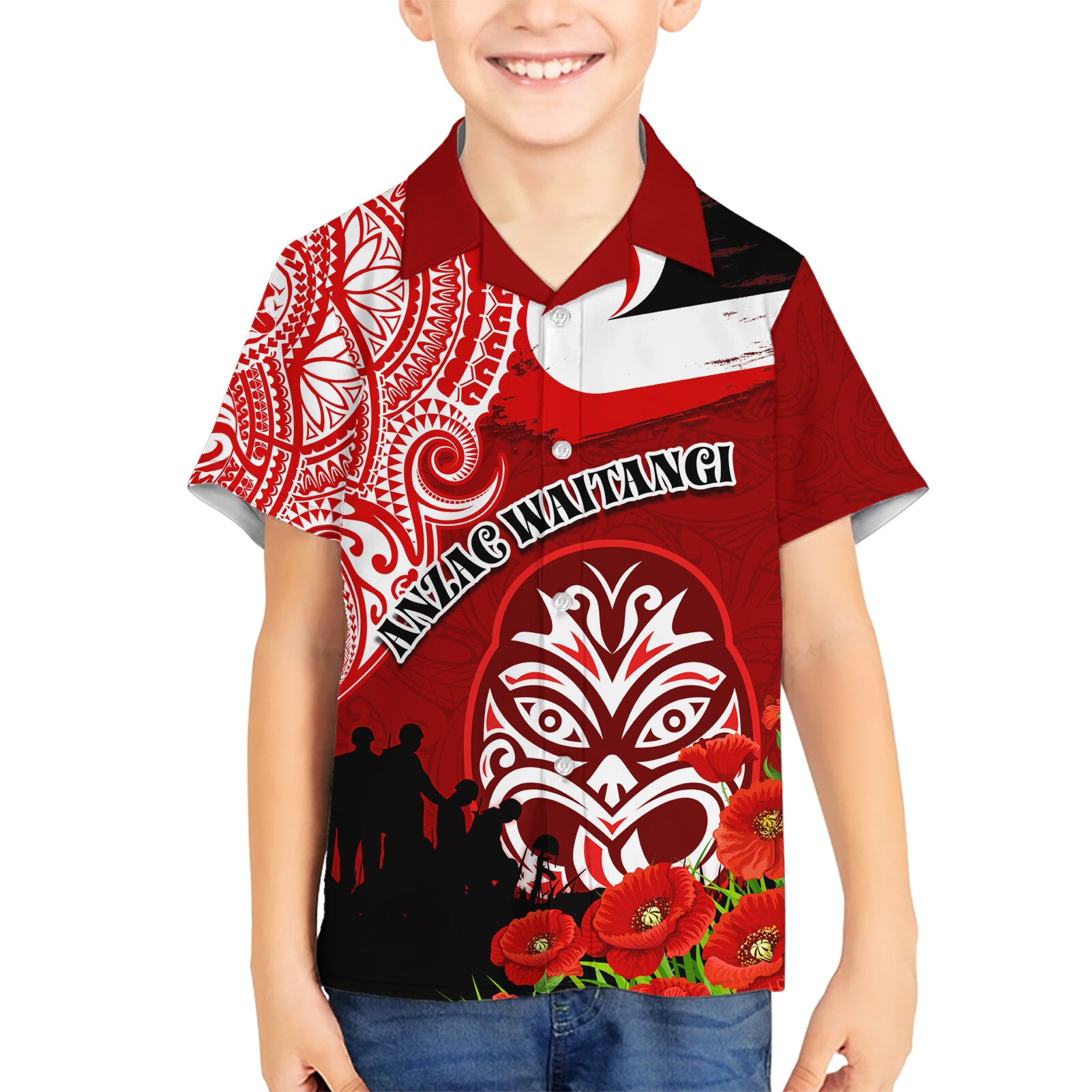 New Zealand ANZAC Waitangi Day Kid Hawaiian Shirt Lest We Forget Soldier Tiki Maori Style LT03 Kid Red - Polynesian Pride