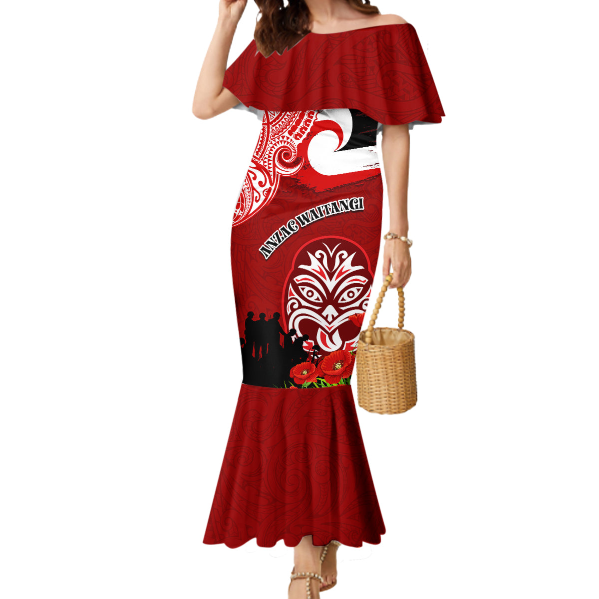 New Zealand ANZAC Waitangi Day Mermaid Dress Lest We Forget Soldier Tiki Maori Style LT03 Women Red - Polynesian Pride