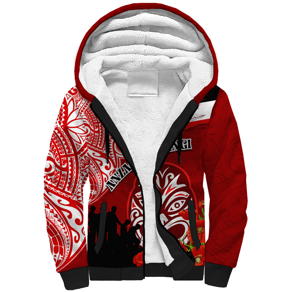 New Zealand ANZAC Waitangi Day Sherpa Hoodie Lest We Forget Soldier Tiki Maori Style LT03 Unisex Red - Polynesian Pride