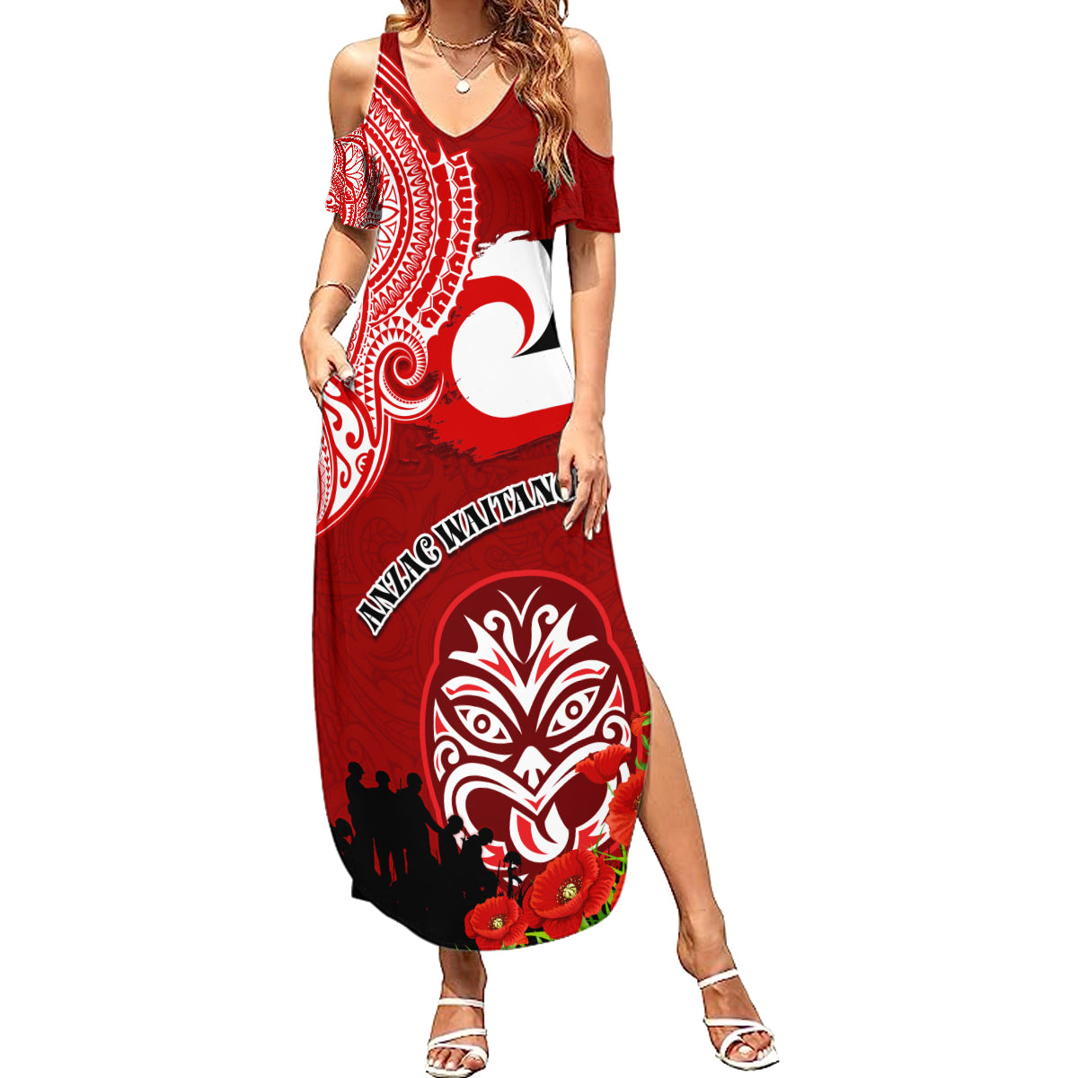 New Zealand ANZAC Waitangi Day Summer Maxi Dress Lest We Forget Soldier Tiki Maori Style LT03 Women Red - Polynesian Pride