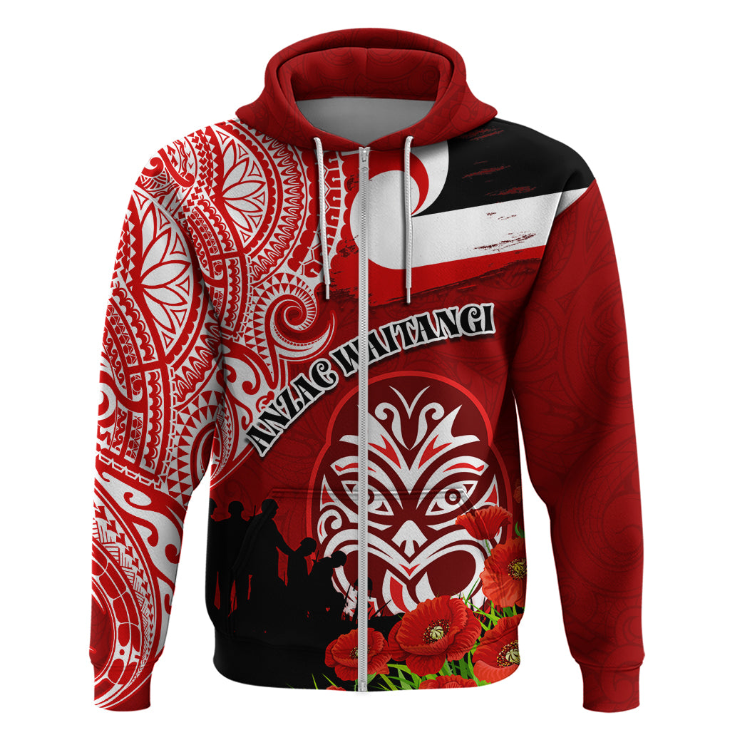 New Zealand ANZAC Waitangi Day Zip Hoodie Lest We Forget Soldier Tiki Maori Style LT03 Zip Hoodie Red - Polynesian Pride