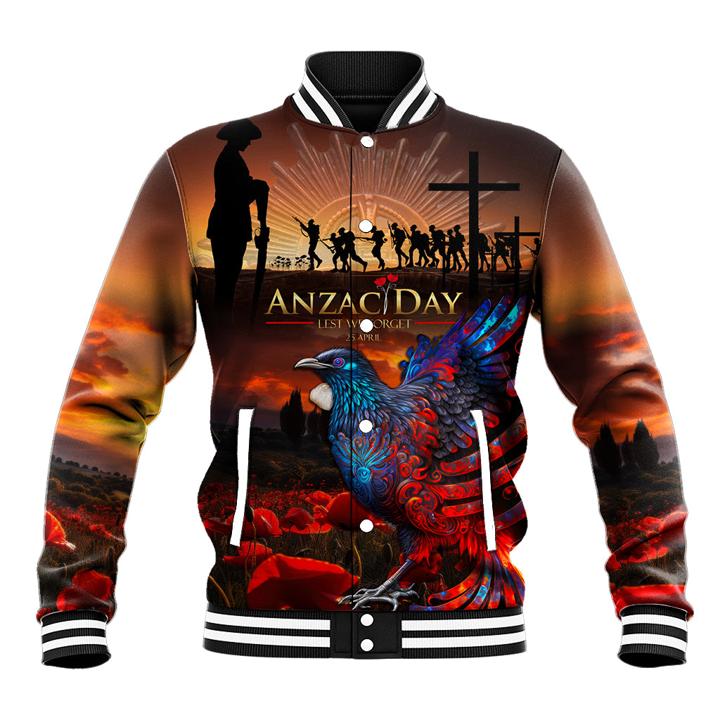 New Zealand Tui Bird Soldier ANZAC Baseball Jacket Lest We Forget LT03 Unisex Black - Polynesian Pride