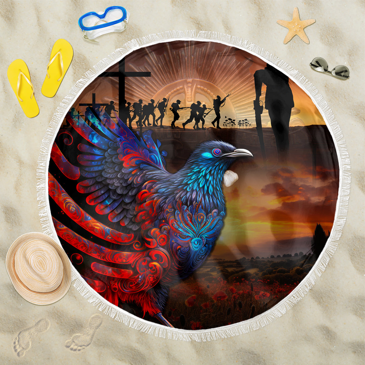 New Zealand Tui Bird Soldier ANZAC Beach Blanket Lest We Forget LT03 One Size 150cm Black - Polynesian Pride