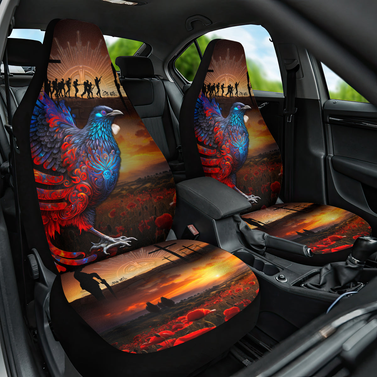 New Zealand Tui Bird Soldier ANZAC Car Seat Cover Lest We Forget LT03 One Size Black - Polynesian Pride