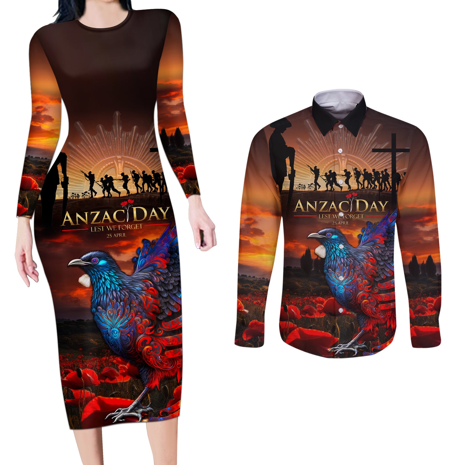 New Zealand Tui Bird Soldier ANZAC Couples Matching Long Sleeve Bodycon Dress and Long Sleeve Button Shirt Lest We Forget LT03