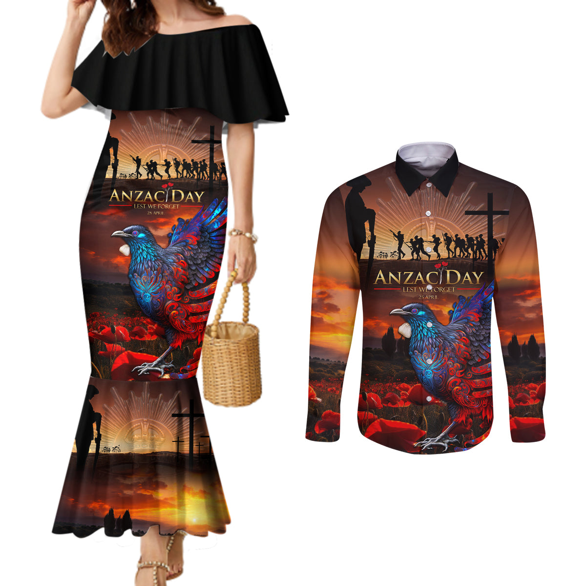 New Zealand Tui Bird Soldier ANZAC Couples Matching Mermaid Dress and Long Sleeve Button Shirt Lest We Forget LT03