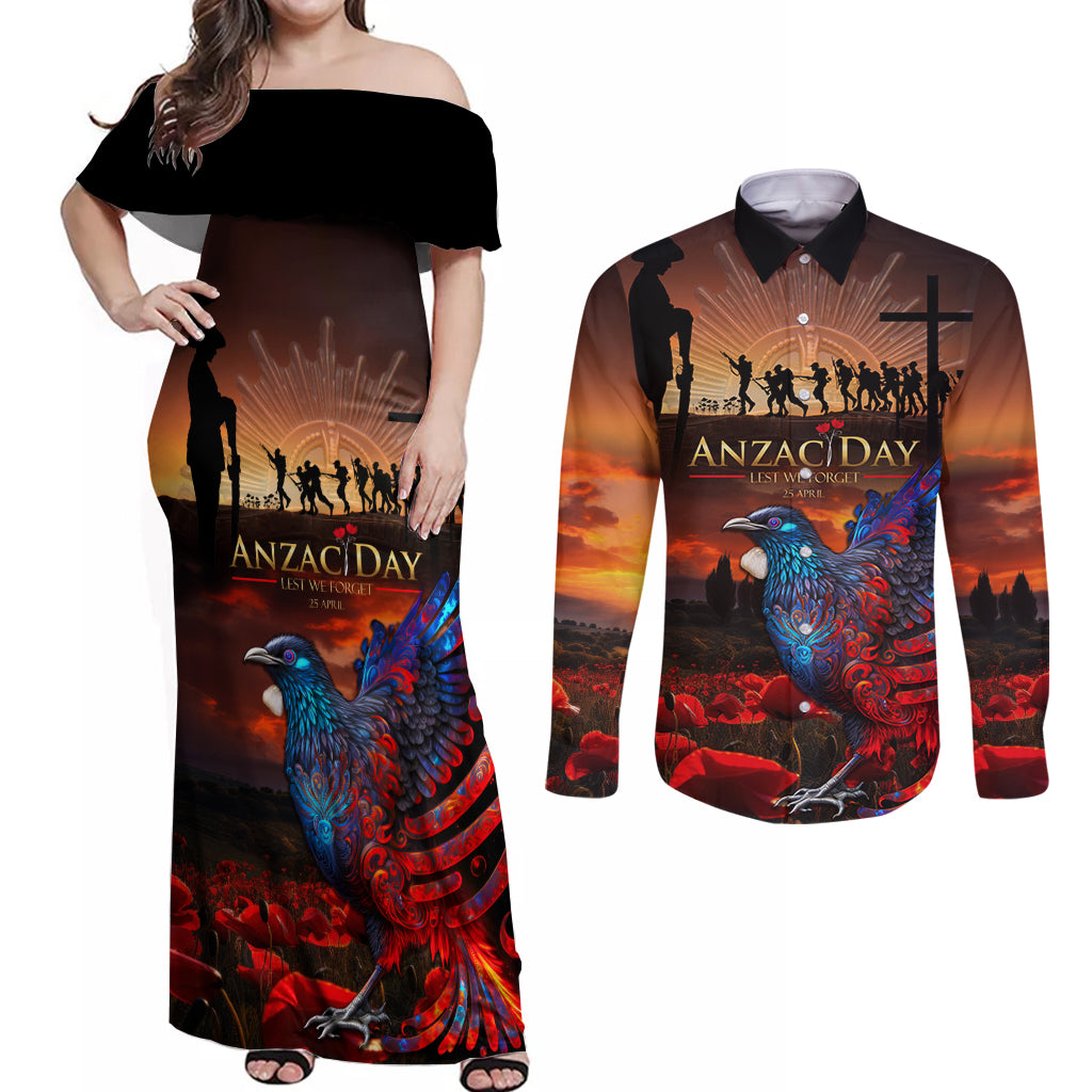 New Zealand Tui Bird Soldier ANZAC Couples Matching Off Shoulder Maxi Dress and Long Sleeve Button Shirt Lest We Forget LT03