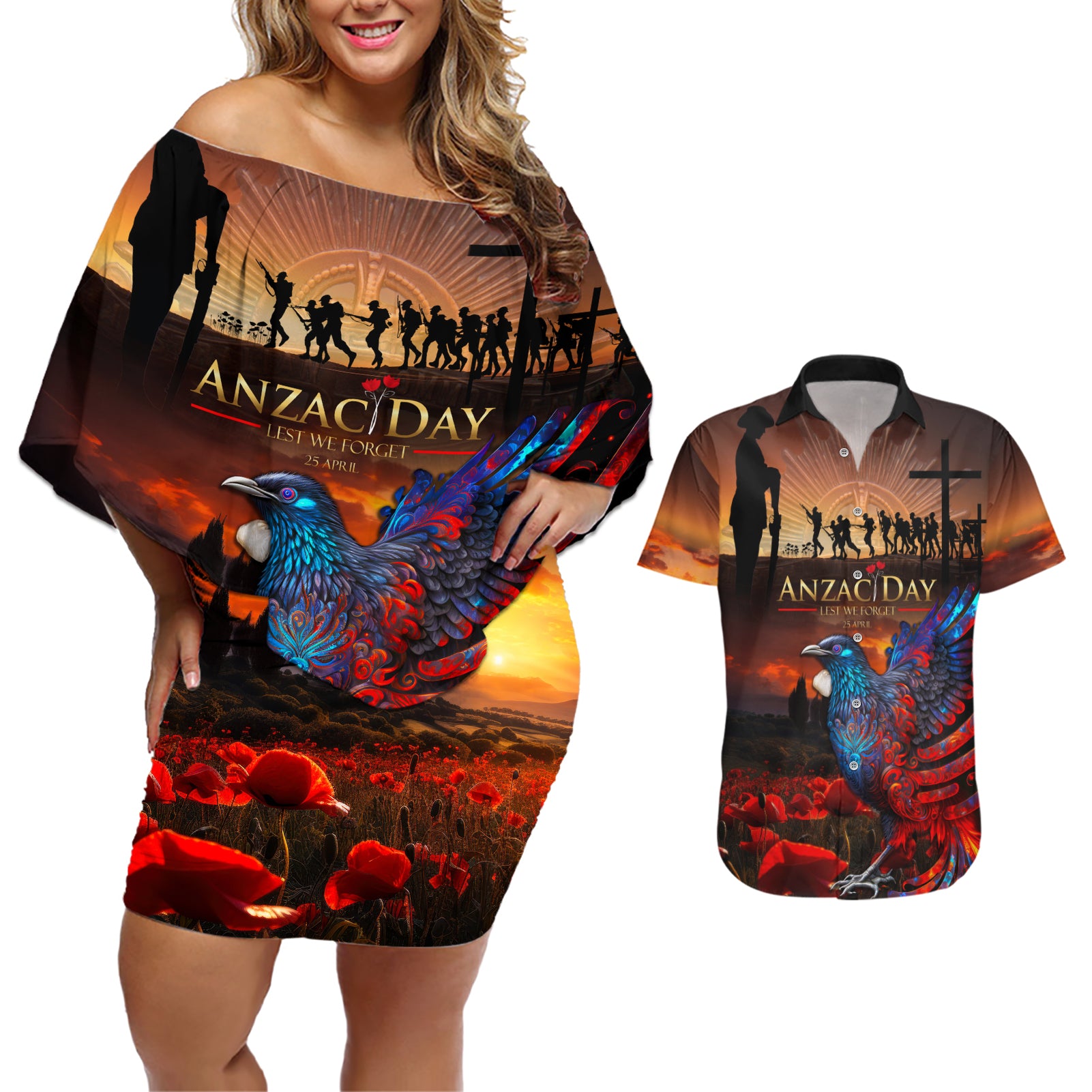 New Zealand Tui Bird Soldier ANZAC Couples Matching Off Shoulder Short Dress and Hawaiian Shirt Lest We Forget LT03