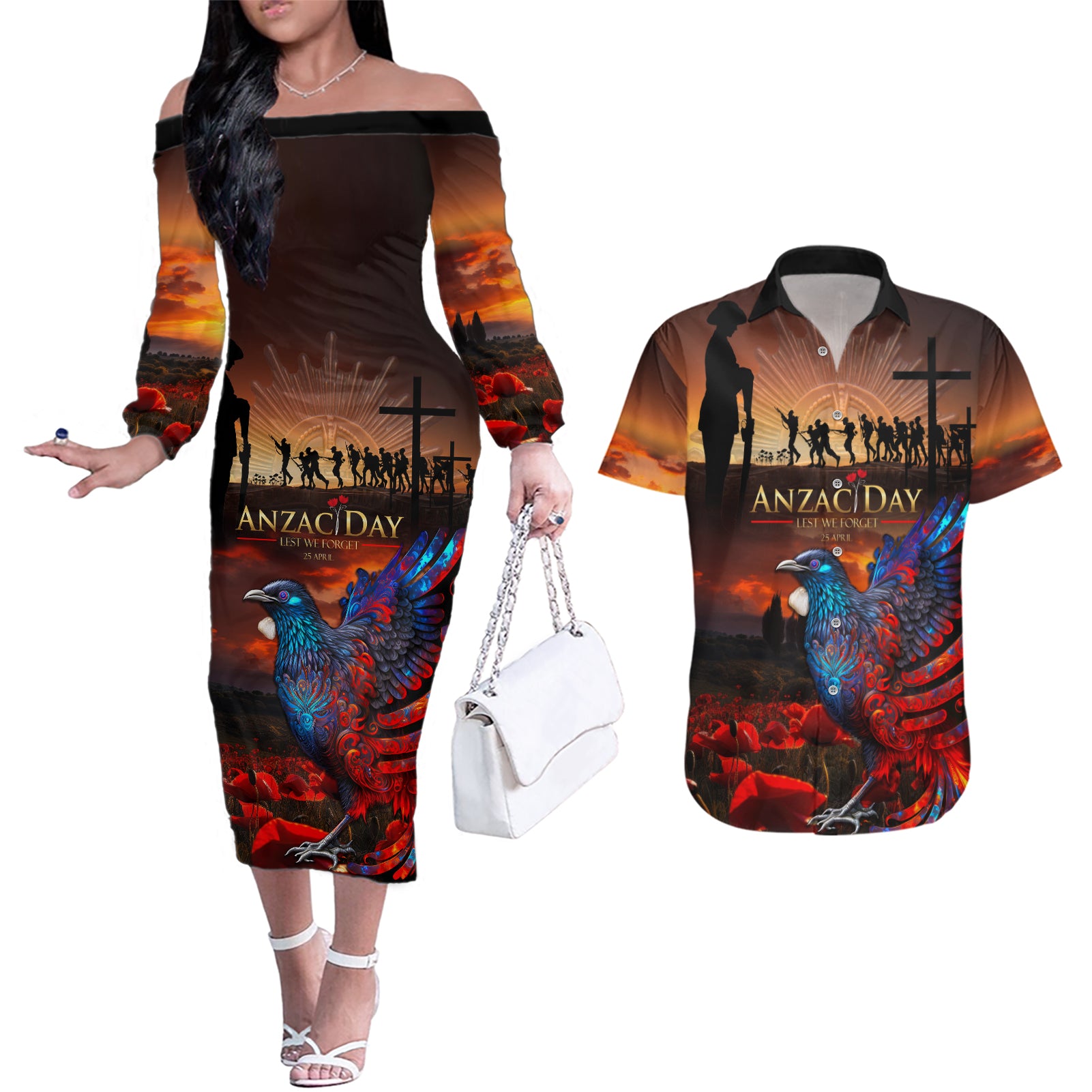 New Zealand Tui Bird Soldier ANZAC Couples Matching Off The Shoulder Long Sleeve Dress and Hawaiian Shirt Lest We Forget LT03