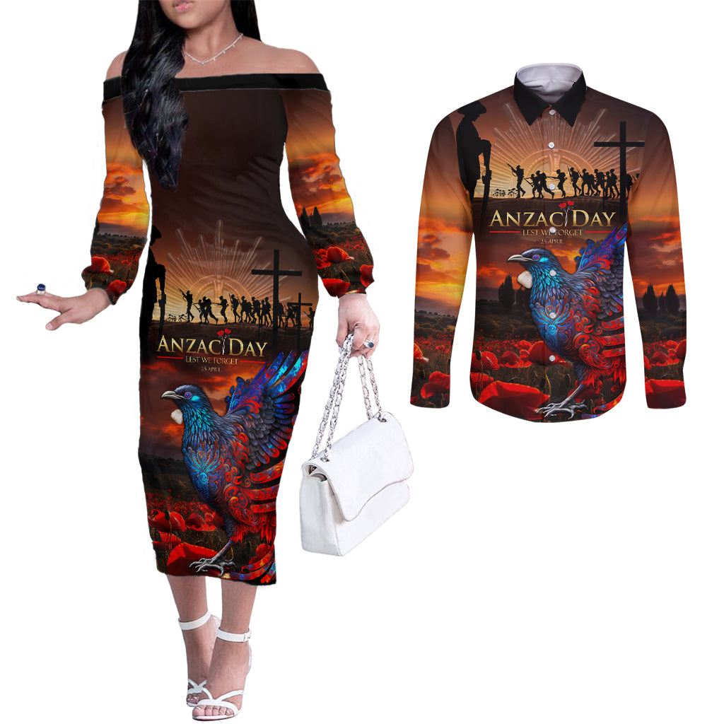 New Zealand Tui Bird Soldier ANZAC Couples Matching Off The Shoulder Long Sleeve Dress and Long Sleeve Button Shirt Lest We Forget LT03