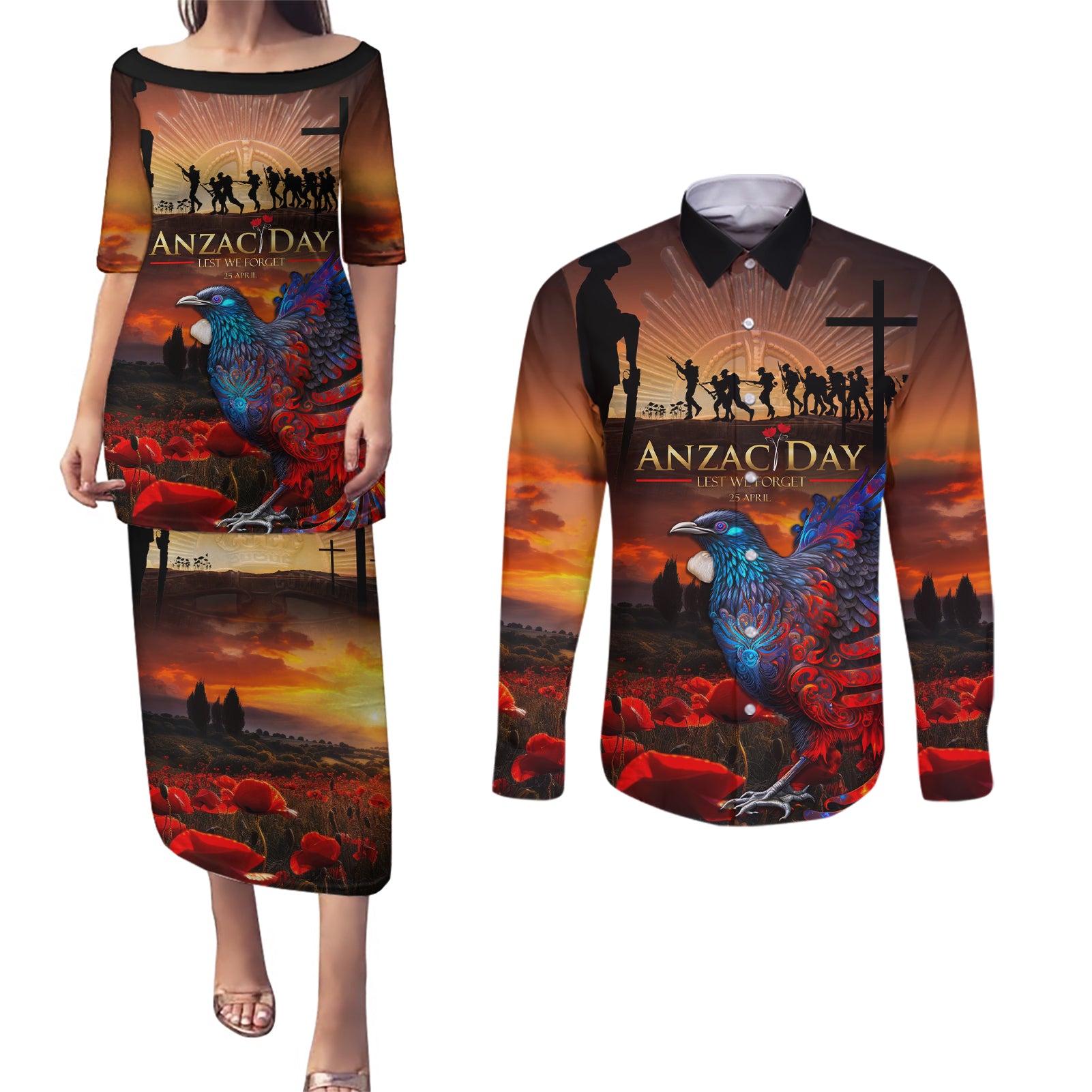 New Zealand Tui Bird Soldier ANZAC Couples Matching Puletasi and Long Sleeve Button Shirt Lest We Forget LT03