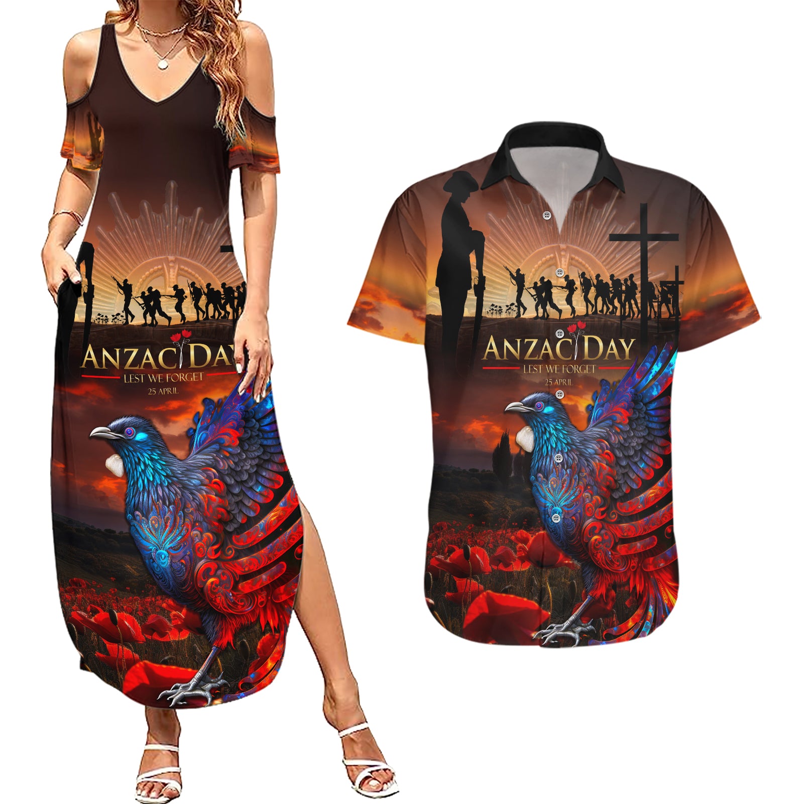 New Zealand Tui Bird Soldier ANZAC Couples Matching Summer Maxi Dress and Hawaiian Shirt Lest We Forget LT03