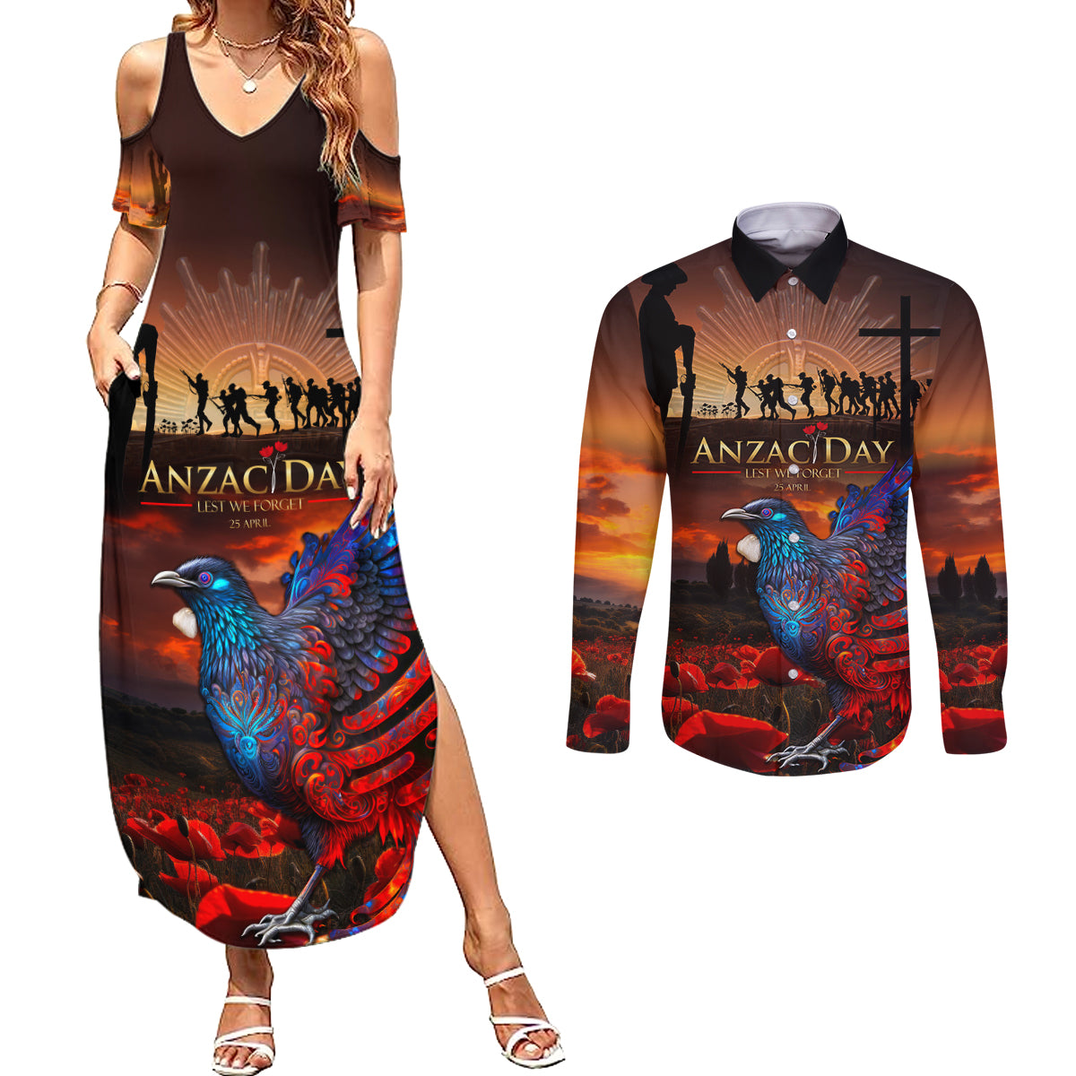 New Zealand Tui Bird Soldier ANZAC Couples Matching Summer Maxi Dress and Long Sleeve Button Shirt Lest We Forget LT03