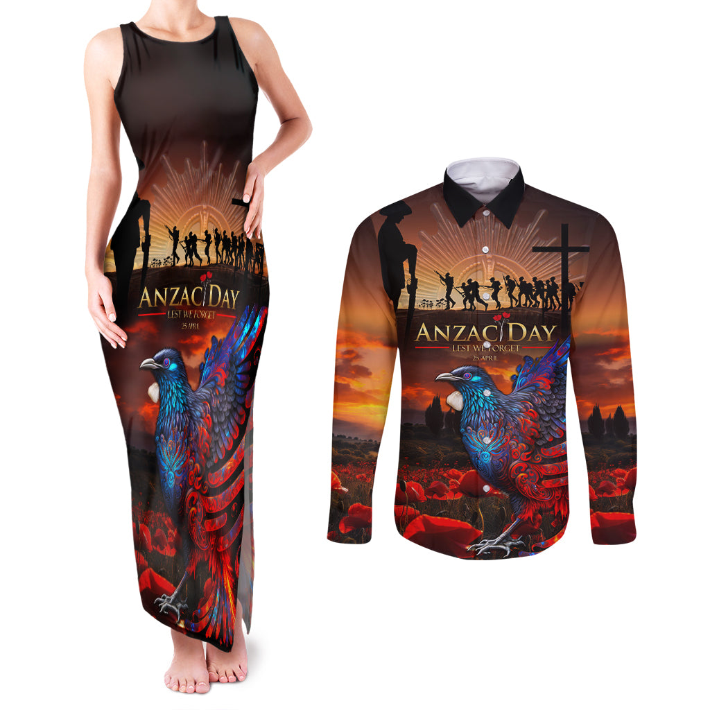 New Zealand Tui Bird Soldier ANZAC Couples Matching Tank Maxi Dress and Long Sleeve Button Shirt Lest We Forget LT03