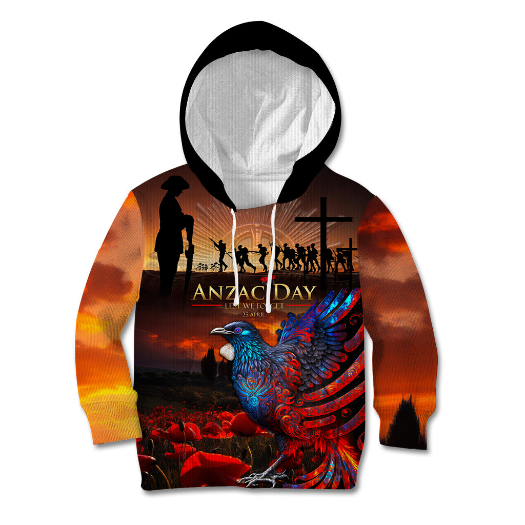 New Zealand Tui Bird Soldier ANZAC Kid Hoodie Lest We Forget LT03 Hoodie Black - Polynesian Pride