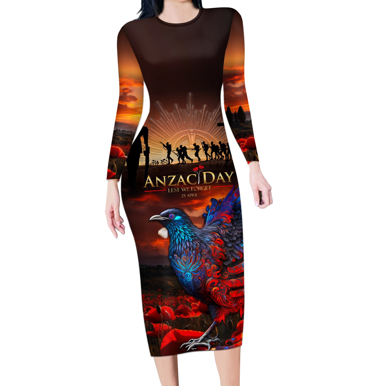 New Zealand Tui Bird Soldier ANZAC Long Sleeve Bodycon Dress Lest We Forget LT03