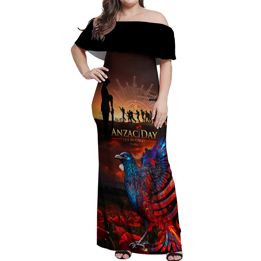 New Zealand Tui Bird Soldier ANZAC Off Shoulder Maxi Dress Lest We Forget LT03