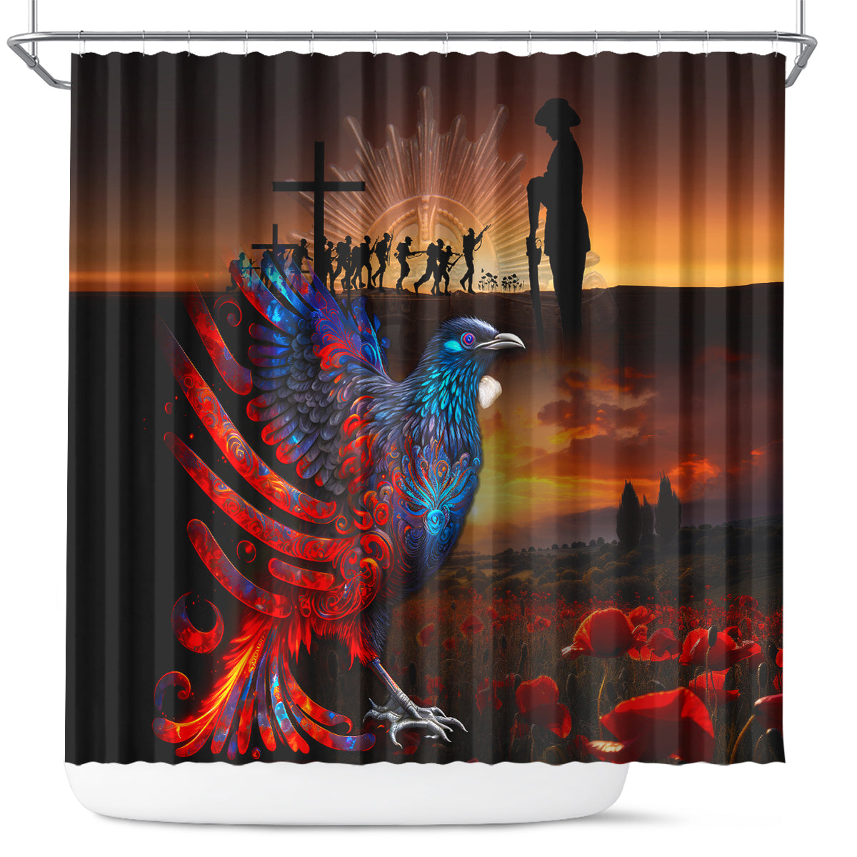 New Zealand Tui Bird Soldier ANZAC Shower Curtain Lest We Forget LT03 Black - Polynesian Pride
