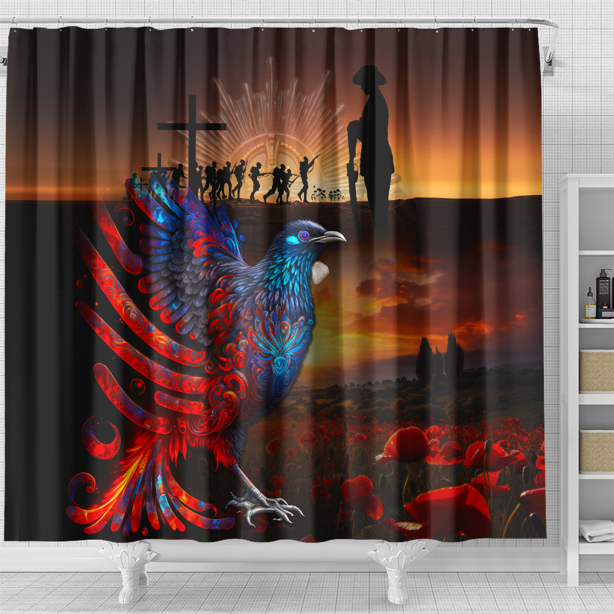 New Zealand Tui Bird Soldier ANZAC Shower Curtain Lest We Forget LT03 - Polynesian Pride