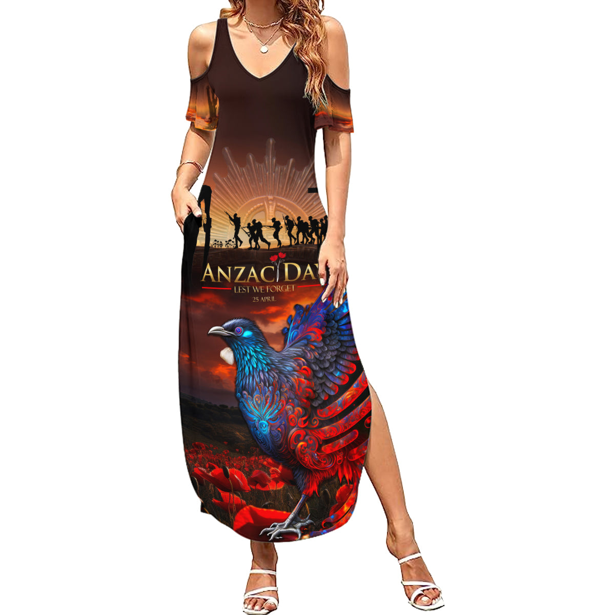 New Zealand Tui Bird Soldier ANZAC Summer Maxi Dress Lest We Forget LT03