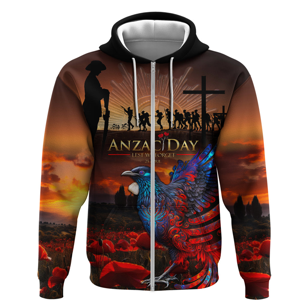 New Zealand Tui Bird Soldier ANZAC Zip Hoodie Lest We Forget LT03 Zip Hoodie Black - Polynesian Pride