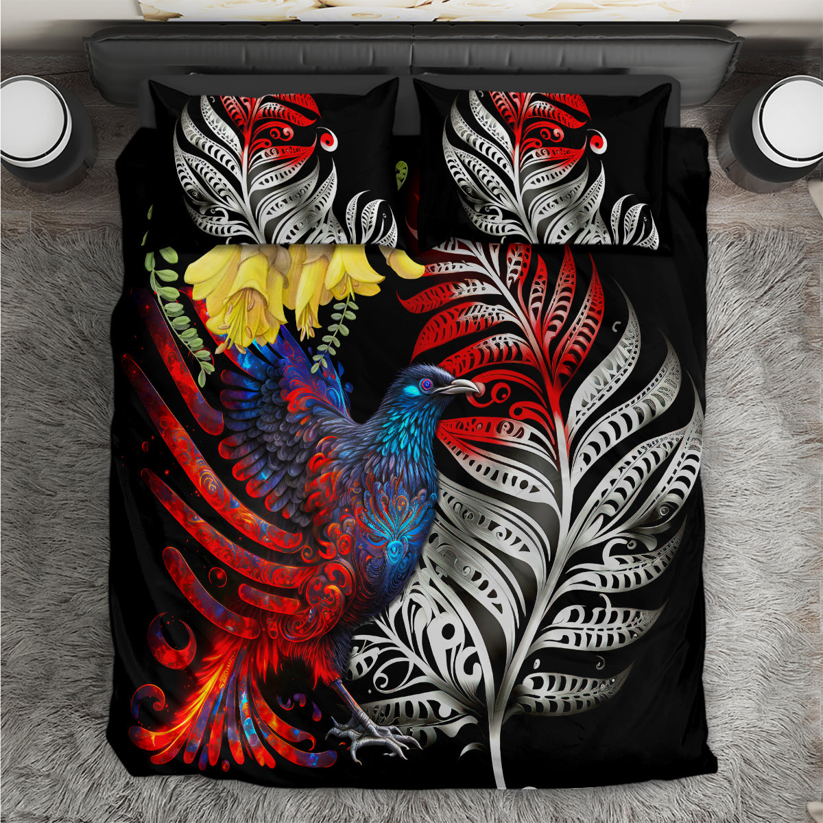 New Zealand Kohwhai Tui Bird Bedding Set Silver Fern Version LT03 Black - Polynesian Pride