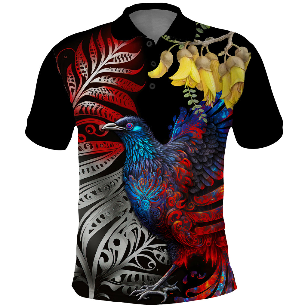 New Zealand Kohwhai Tui Bird Polo Shirt Silver Fern Version LT03 Black - Polynesian Pride