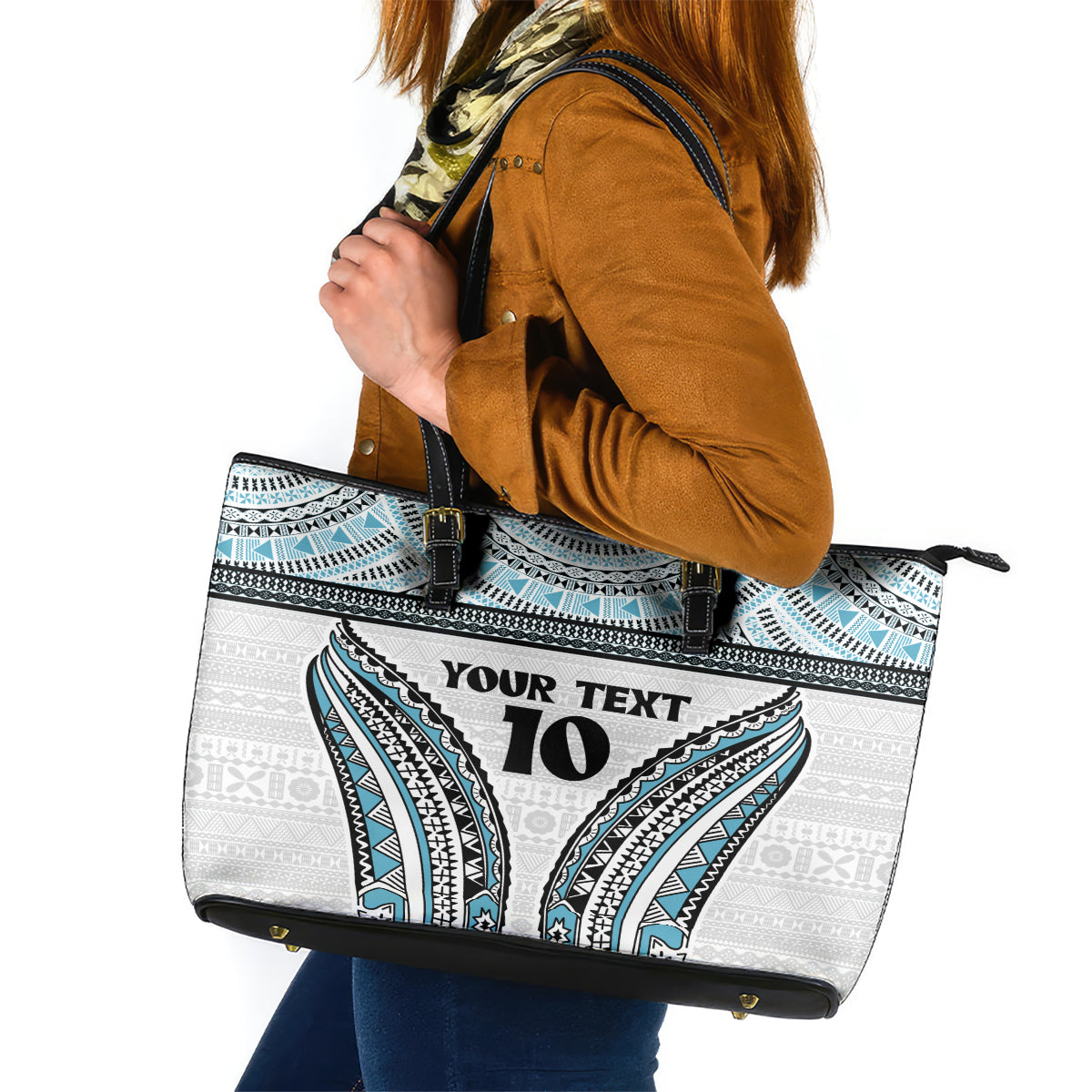 Custom Flying Fijians Rugby Leather Tote Bag Tapa Tribal Cloth LT03 White - Polynesian Pride