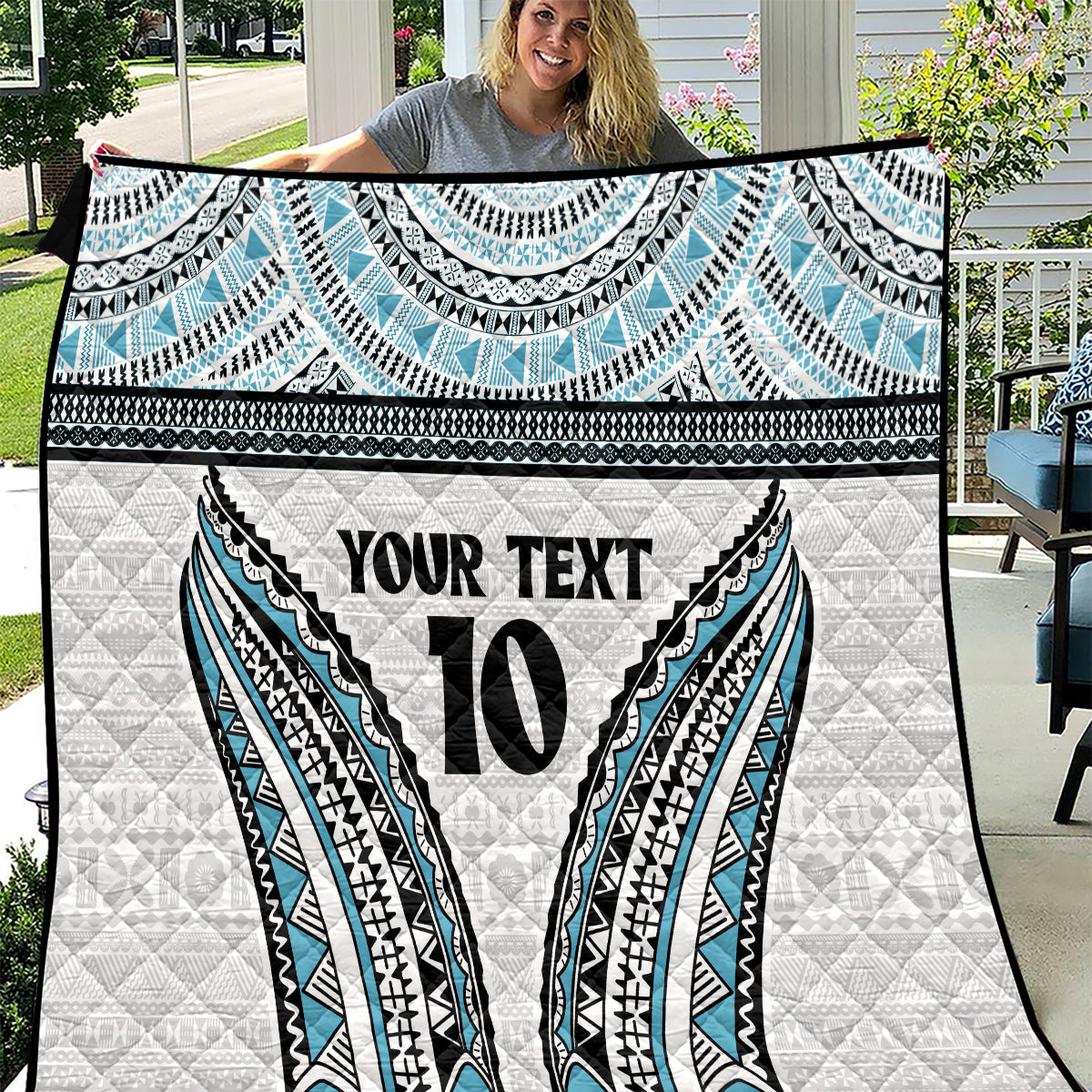Custom Flying Fijians Rugby Quilt Tapa Tribal Cloth LT03 White - Polynesian Pride