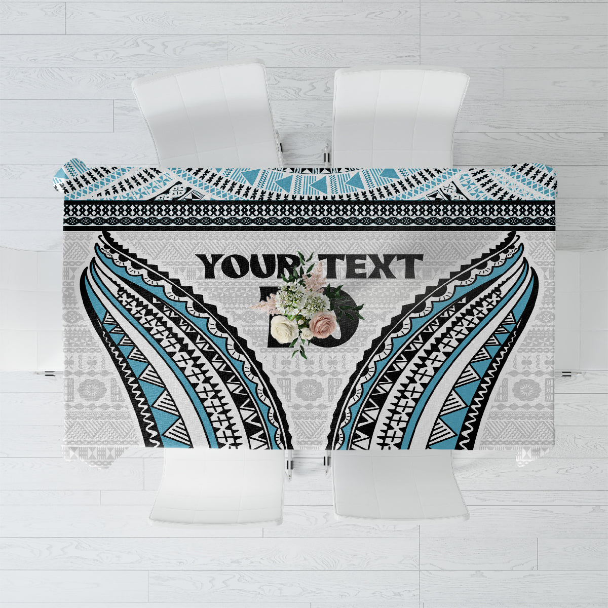 Custom Flying Fijians Rugby Tablecloth Tapa Tribal Cloth LT03 White - Polynesian Pride