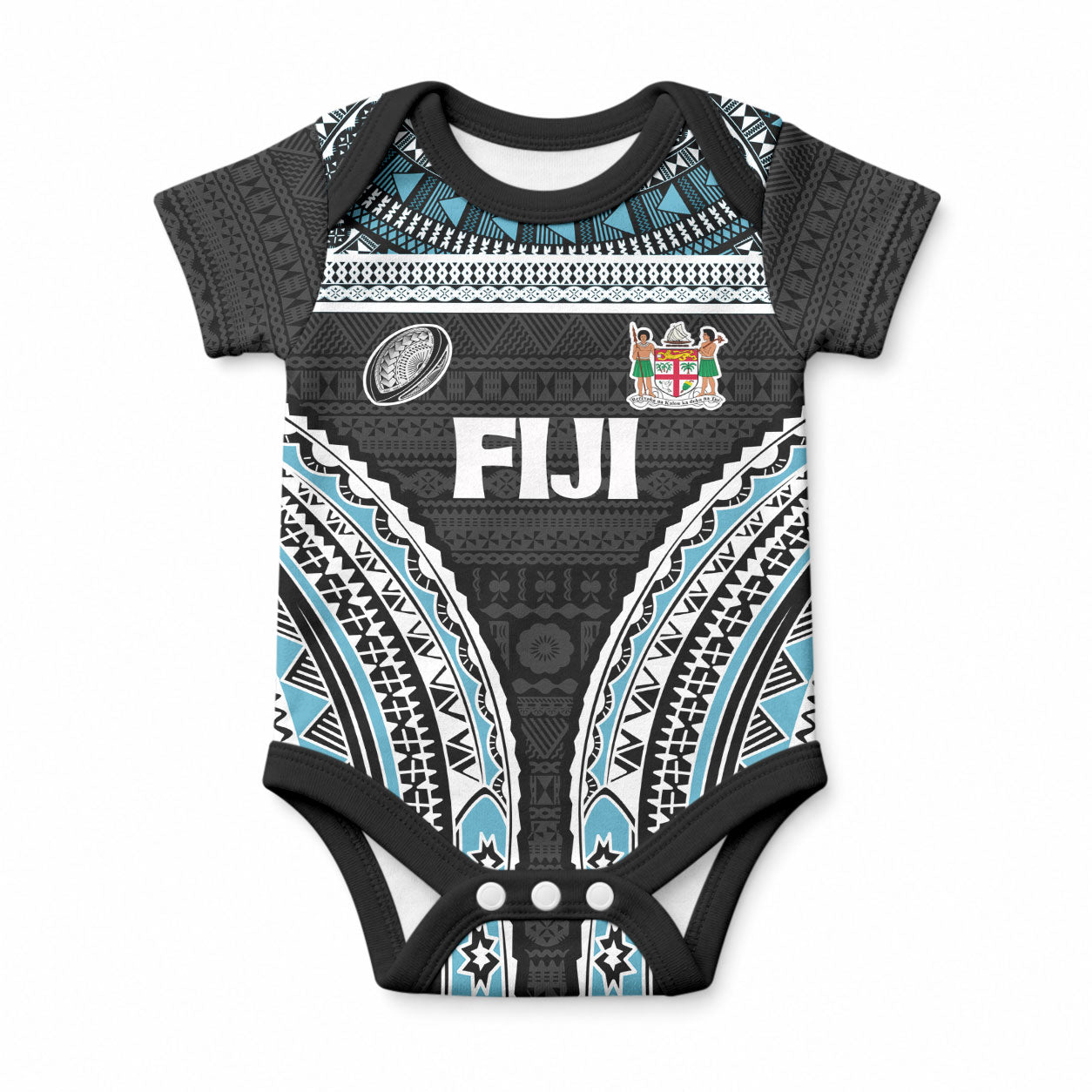 Custom Flying Fijians Rugby Baby Onesie Tapa Tribal Cloth Black Color LT03 Black - Polynesian Pride