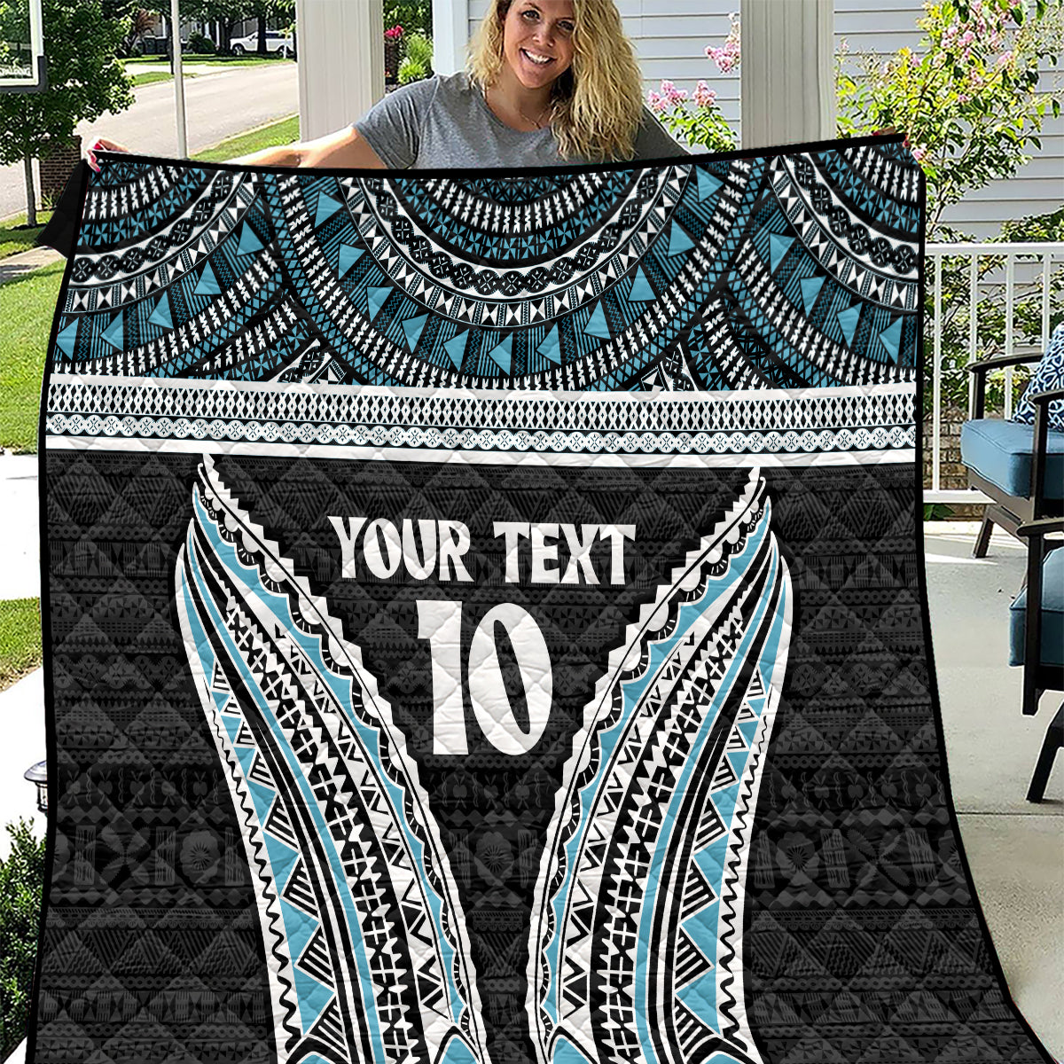 Custom Flying Fijians Rugby Quilt Tapa Tribal Cloth Black Color