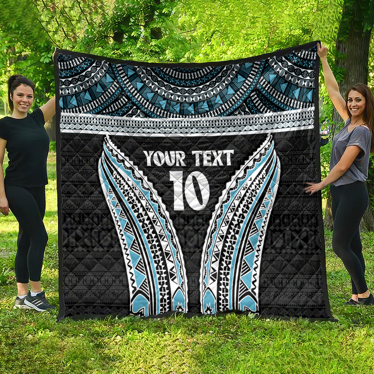 Custom Flying Fijians Rugby Quilt Tapa Tribal Cloth Black Color LT03 - Polynesian Pride