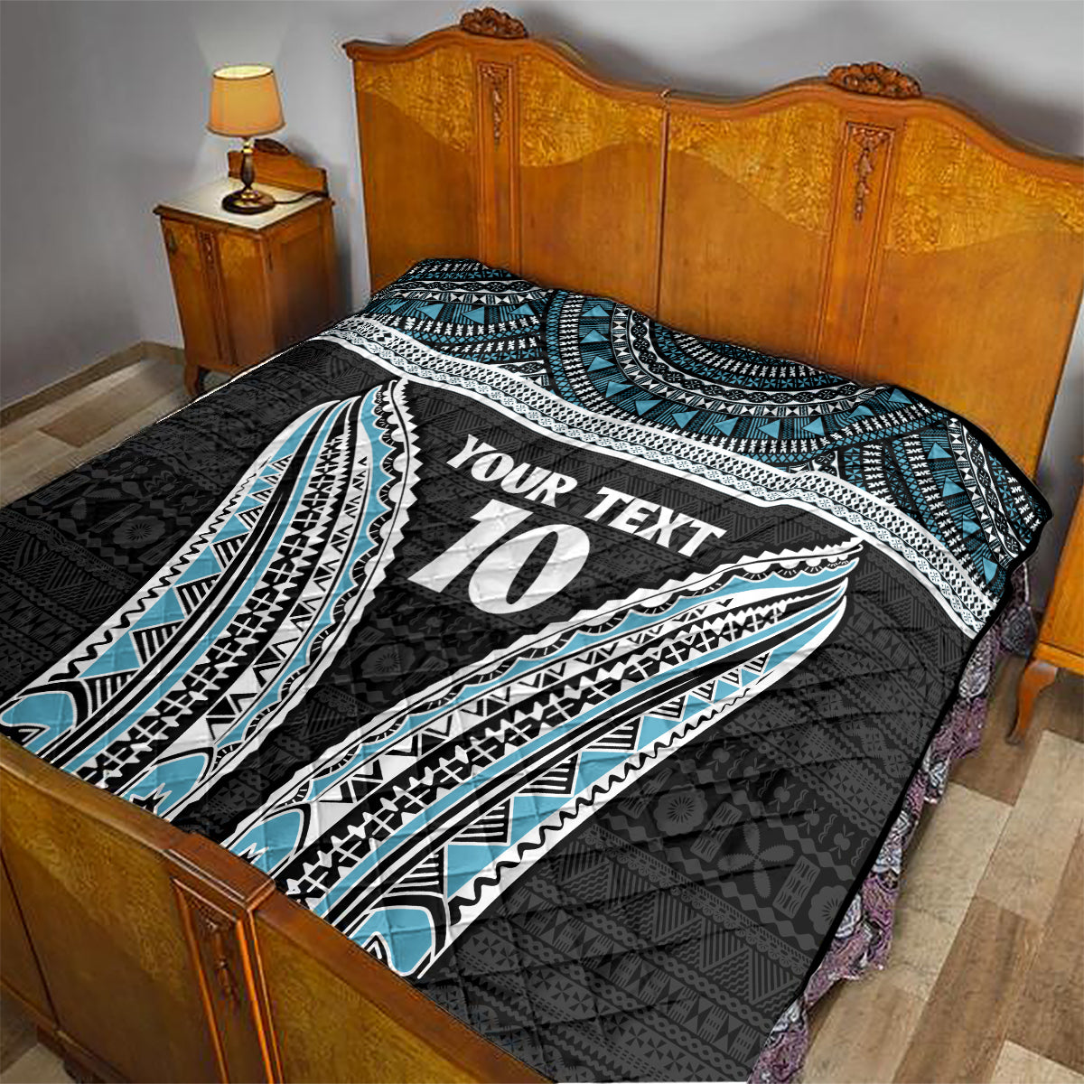 Custom Flying Fijians Rugby Quilt Tapa Tribal Cloth Black Color LT03 - Polynesian Pride