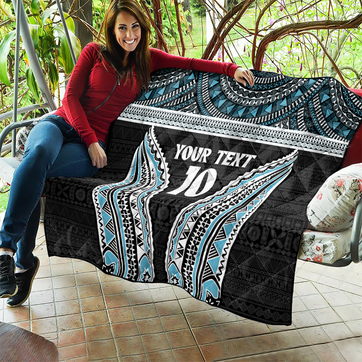 Custom Flying Fijians Rugby Quilt Tapa Tribal Cloth Black Color LT03 - Polynesian Pride