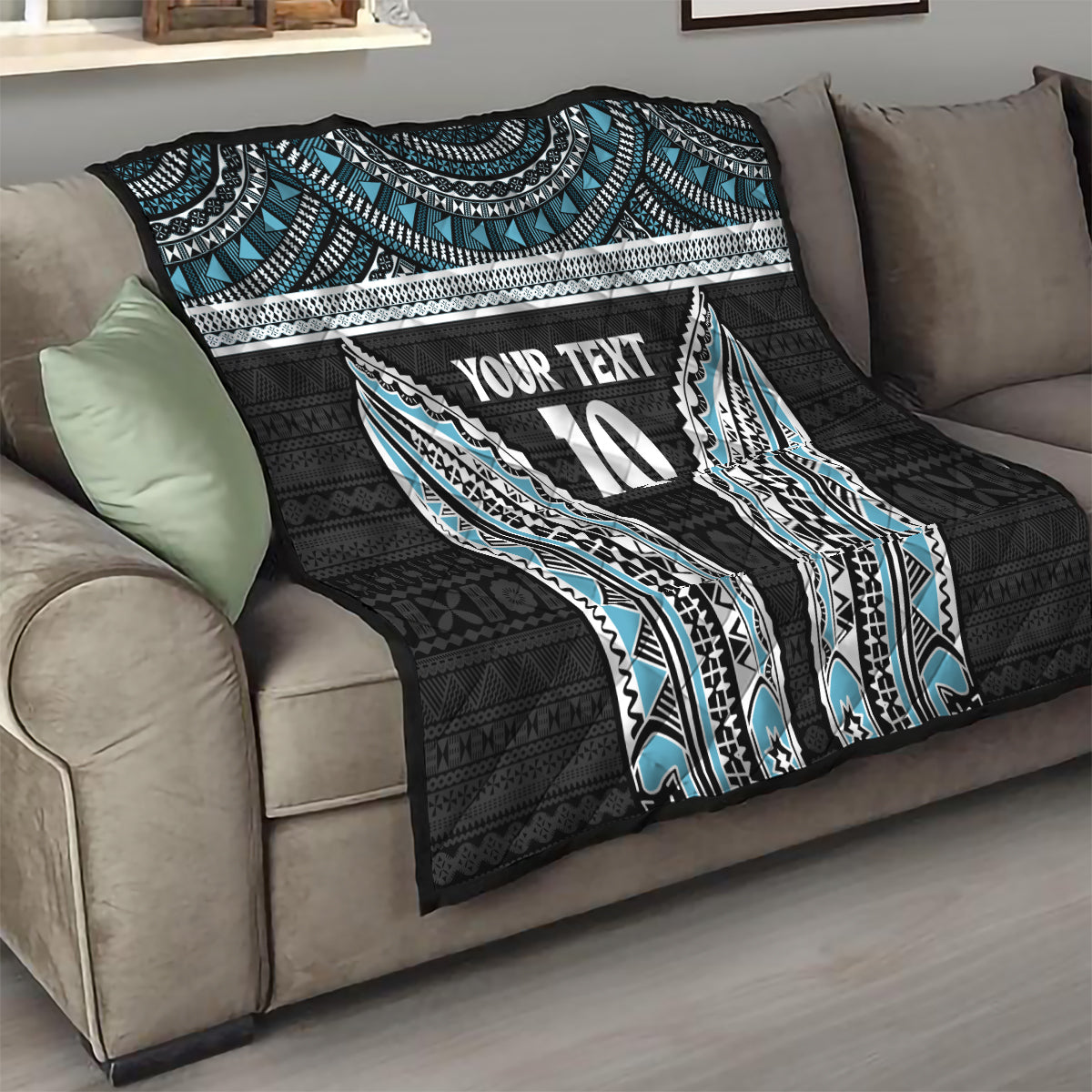 Custom Flying Fijians Rugby Quilt Tapa Tribal Cloth Black Color LT03 - Polynesian Pride