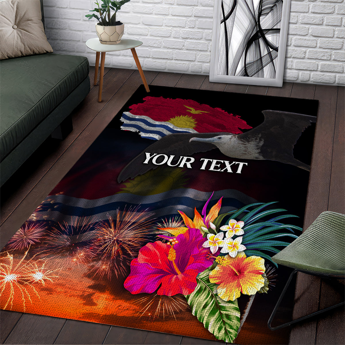 Personalised Kiribati Independence Day Area Rug Frigatebird and Plumeria Hibiscus Flower LT03 Black - Polynesian Pride
