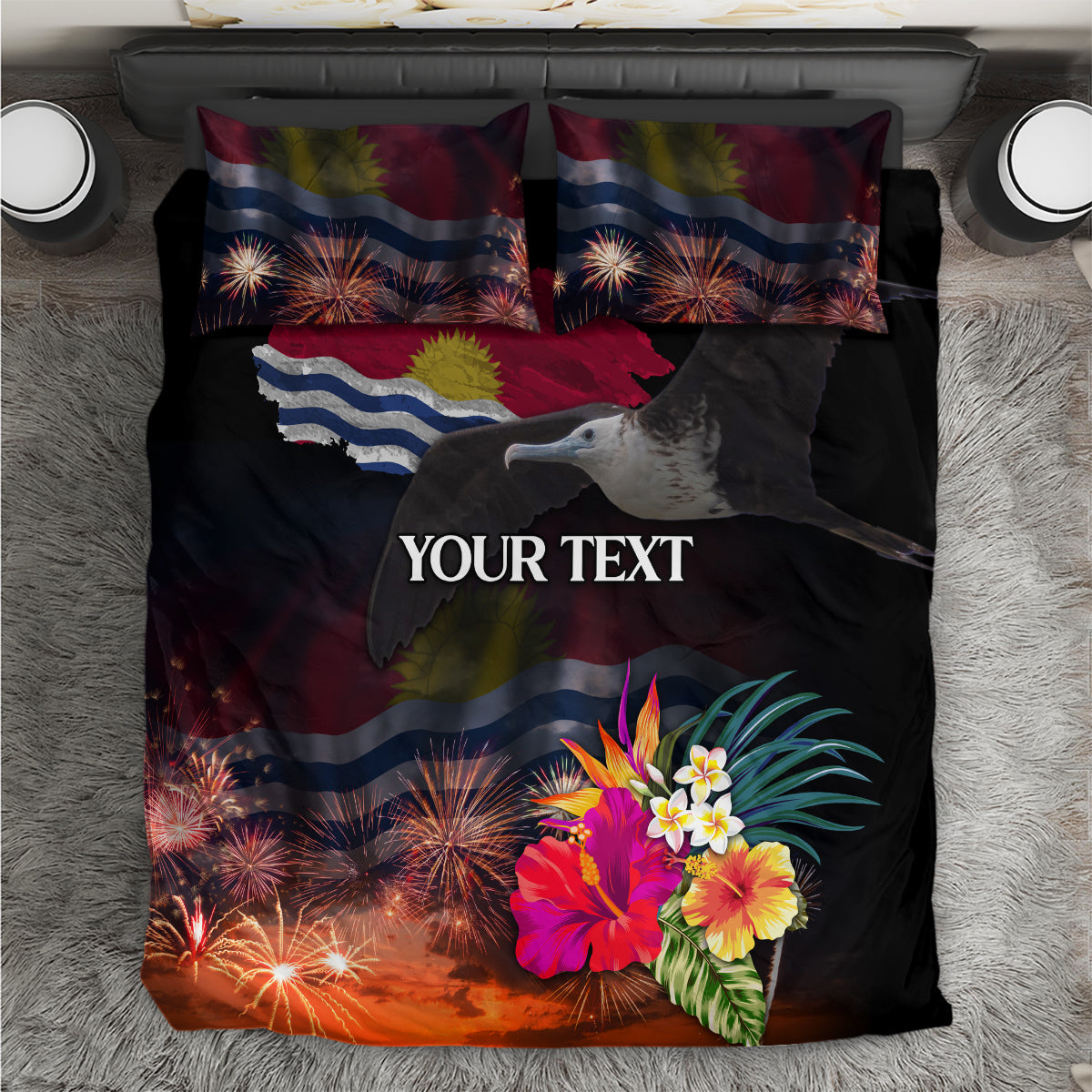 Personalised Kiribati Independence Day Bedding Set Frigatebird and Plumeria Hibiscus Flower LT03 Black - Polynesian Pride