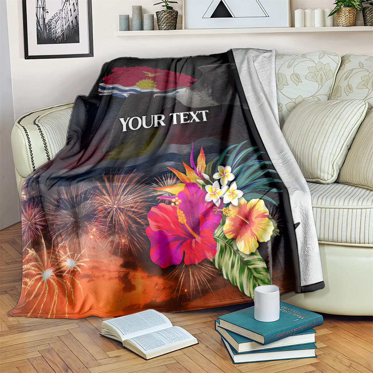 Personalised Kiribati Independence Day Blanket Frigatebird and Plumeria Hibiscus Flower