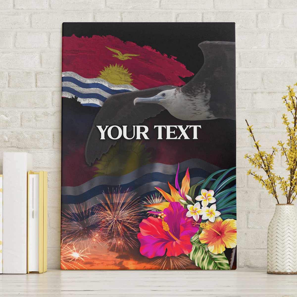 Personalised Kiribati Independence Day Canvas Wall Art Frigatebird and Plumeria Hibiscus Flower LT03 Without Frame Black - Polynesian Pride