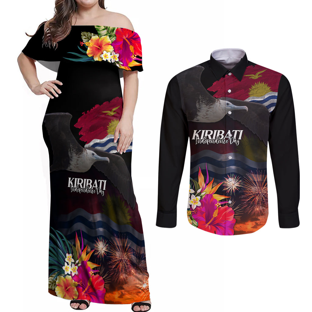 Kiribati Independence Day Couples Matching Off Shoulder Maxi Dress and Long Sleeve Button Shirt Frigatebird and Plumeria Hibiscus Flower