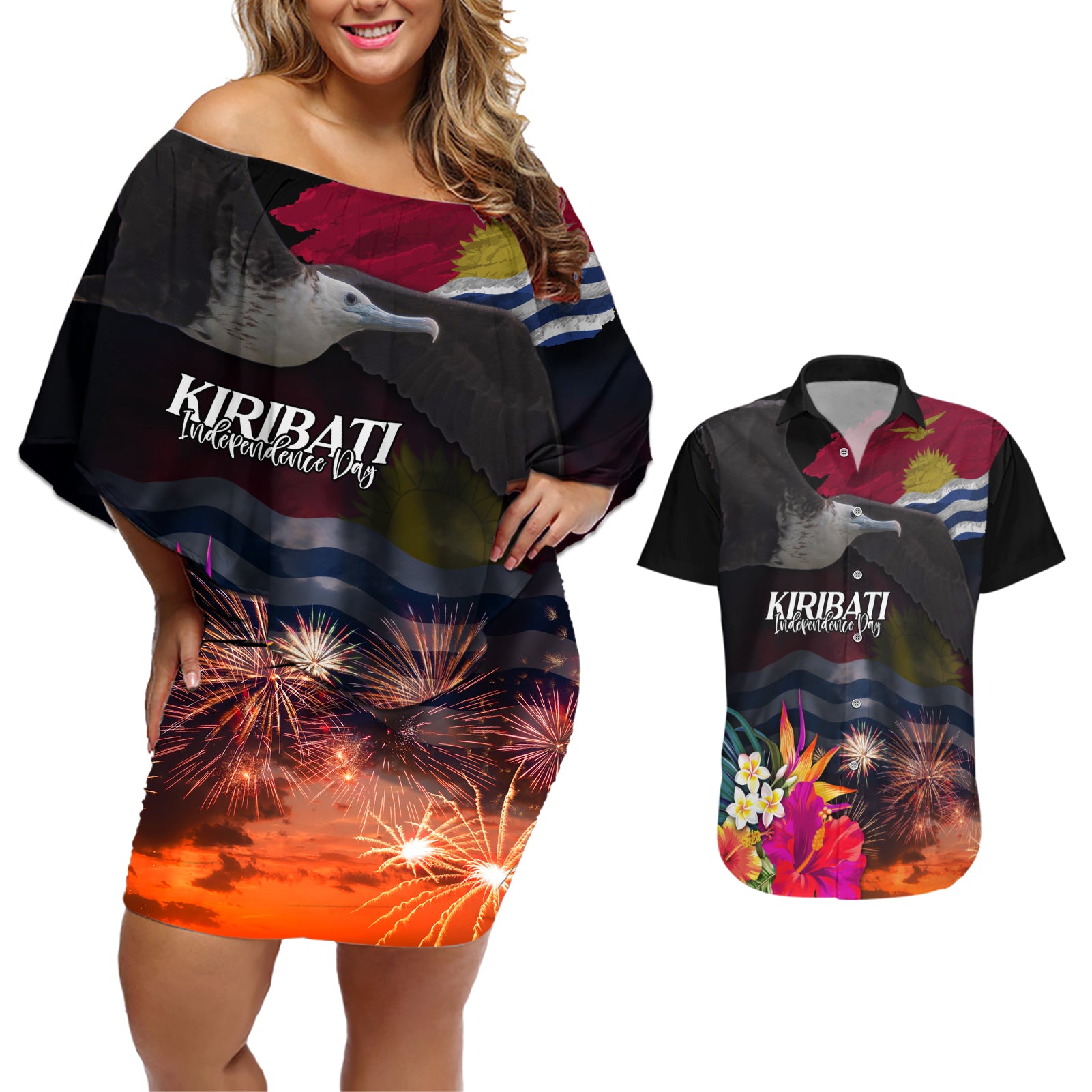 Kiribati Independence Day Couples Matching Off Shoulder Short Dress and Hawaiian Shirt Frigatebird and Plumeria Hibiscus Flower