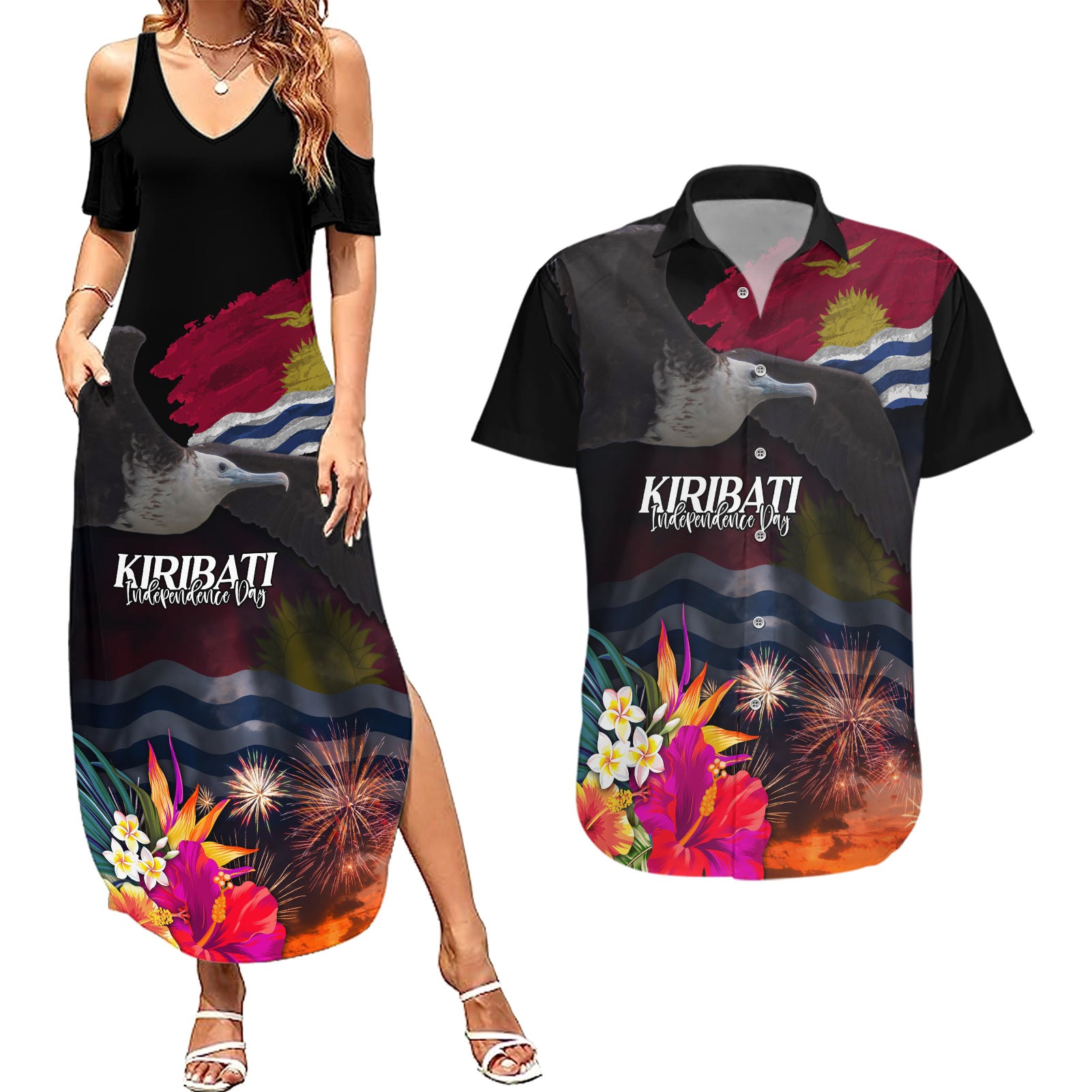 Kiribati Independence Day Couples Matching Summer Maxi Dress and Hawaiian Shirt Frigatebird and Plumeria Hibiscus Flower