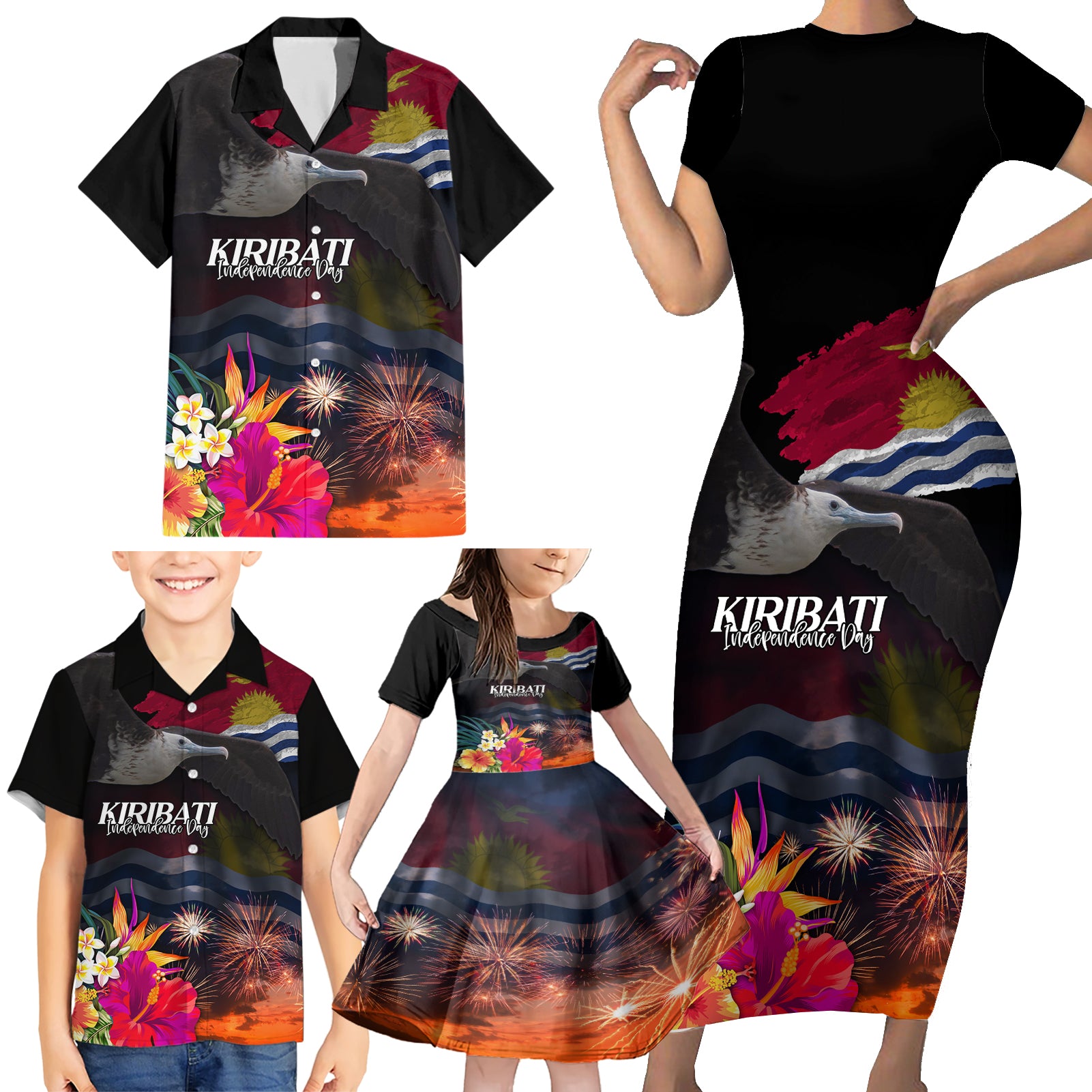 Kiribati Independence Day Family Matching Short Sleeve Bodycon Dress and Hawaiian Shirt Frigatebird and Plumeria Hibiscus Flower