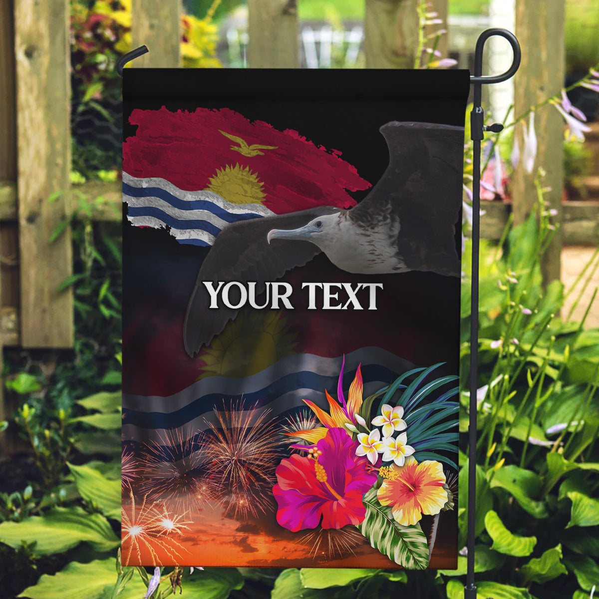 Personalised Kiribati Independence Day Garden Flag Frigatebird and Plumeria Hibiscus Flower LT03 Garden Flag Black - Polynesian Pride