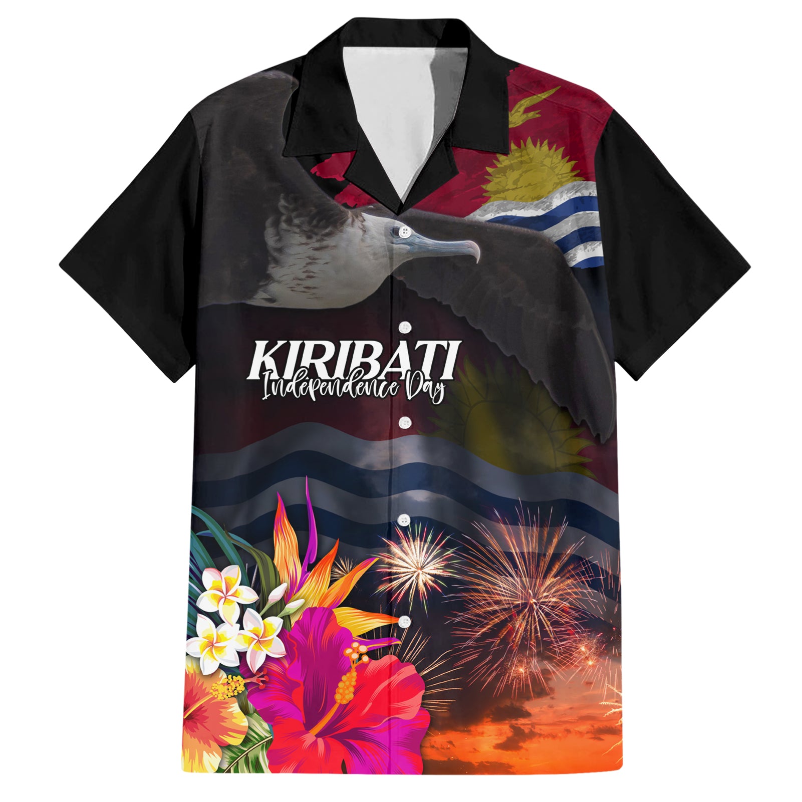 Kiribati Independence Day Hawaiian Shirt Frigatebird and Plumeria Hibiscus Flower