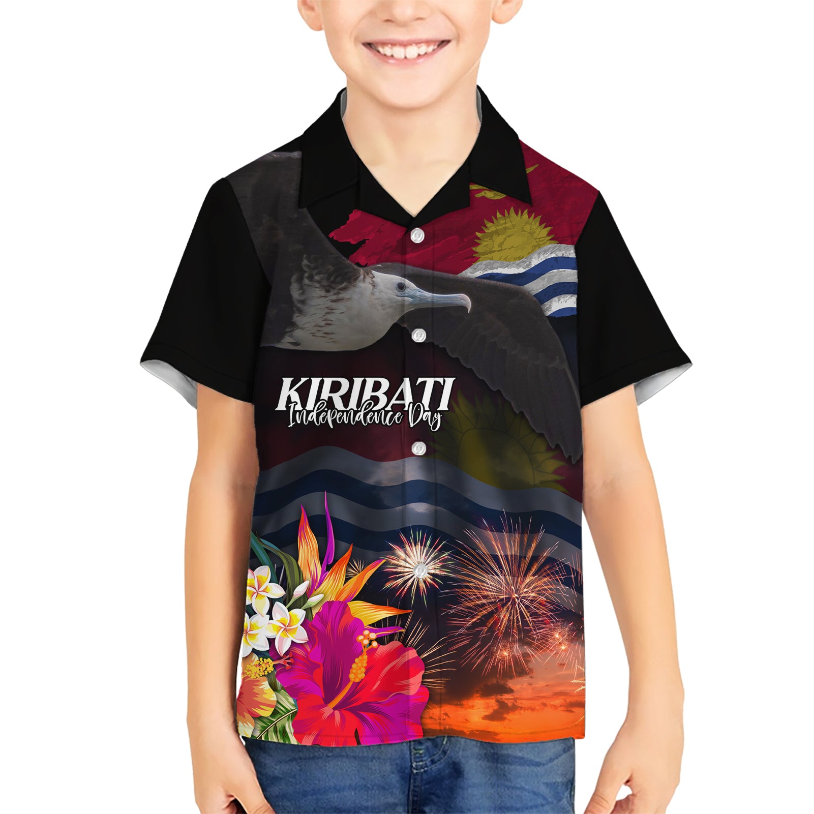 Kiribati Independence Day Kid Hawaiian Shirt Frigatebird and Plumeria Hibiscus Flower