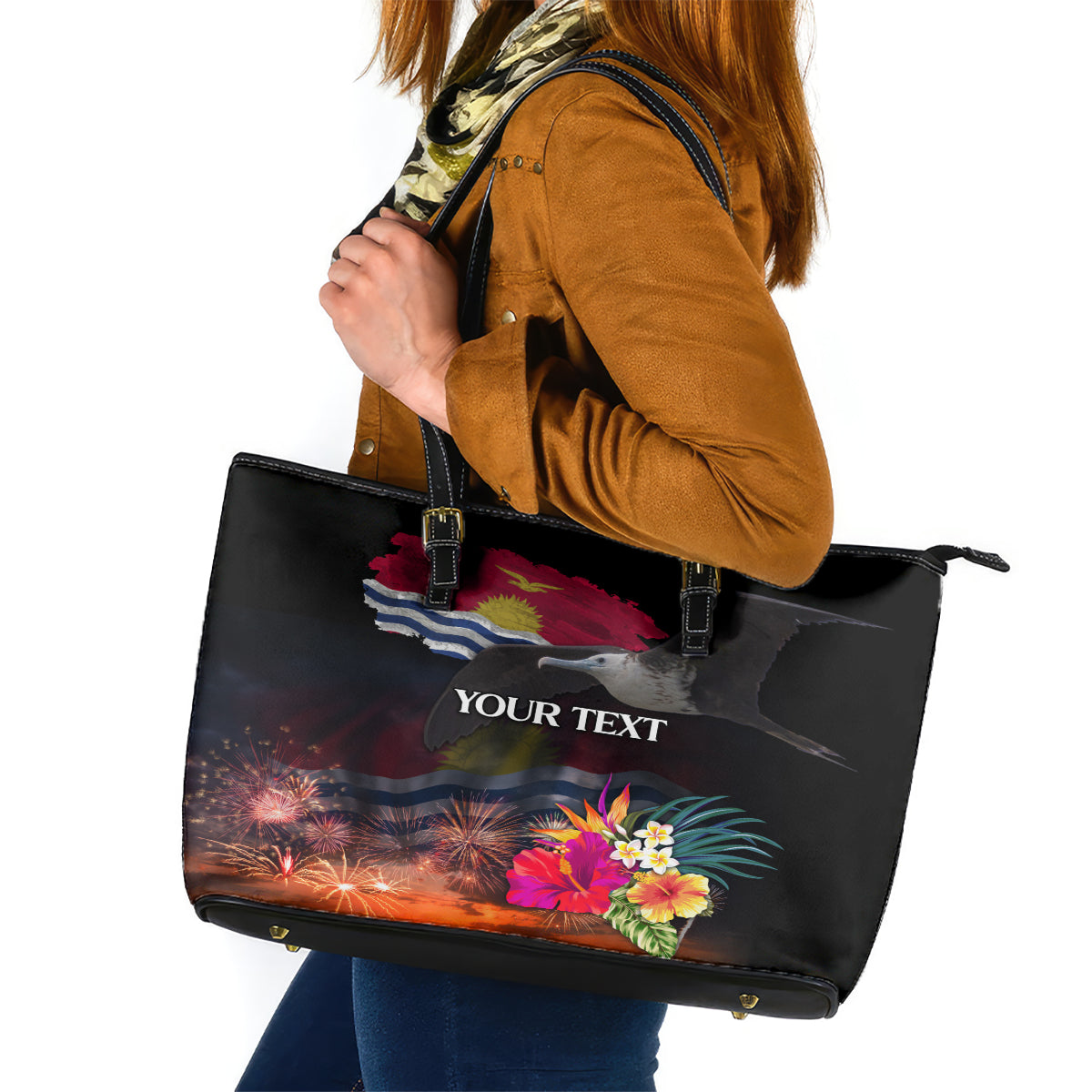 Personalised Kiribati Independence Day Leather Tote Bag Frigatebird and Plumeria Hibiscus Flower LT03 Black - Polynesian Pride