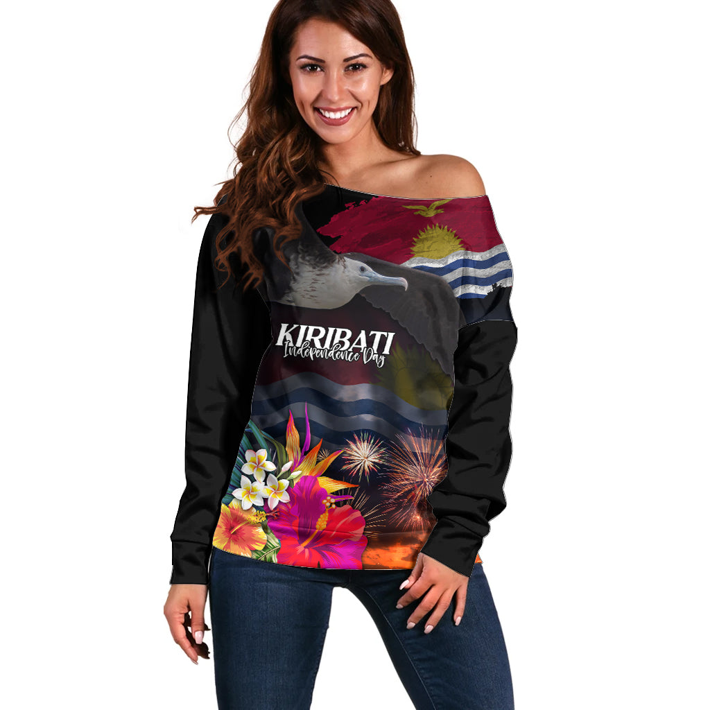 Kiribati Independence Day Off Shoulder Sweater Frigatebird and Plumeria Hibiscus Flower